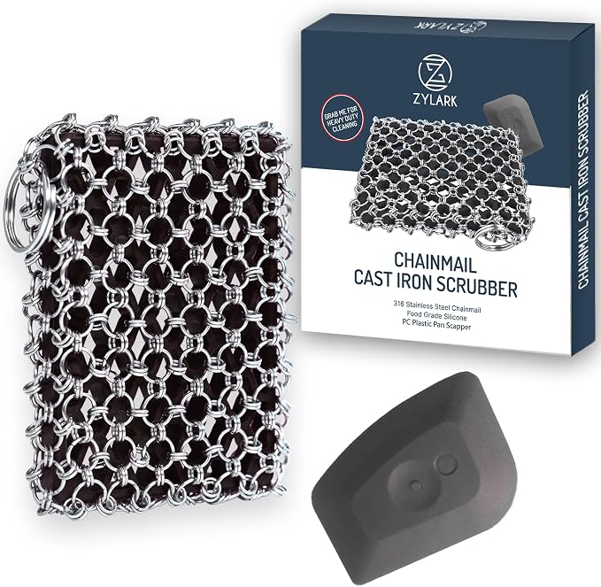 316L Cast Iron Scrubber Kit with Scraper Tool - Silicone Insert for Pan | Zylark Pan Cleaner Scrubber with Silicone Insert - Cast Iron Cleaning Kit - Chainmail Scrubber for Cookware