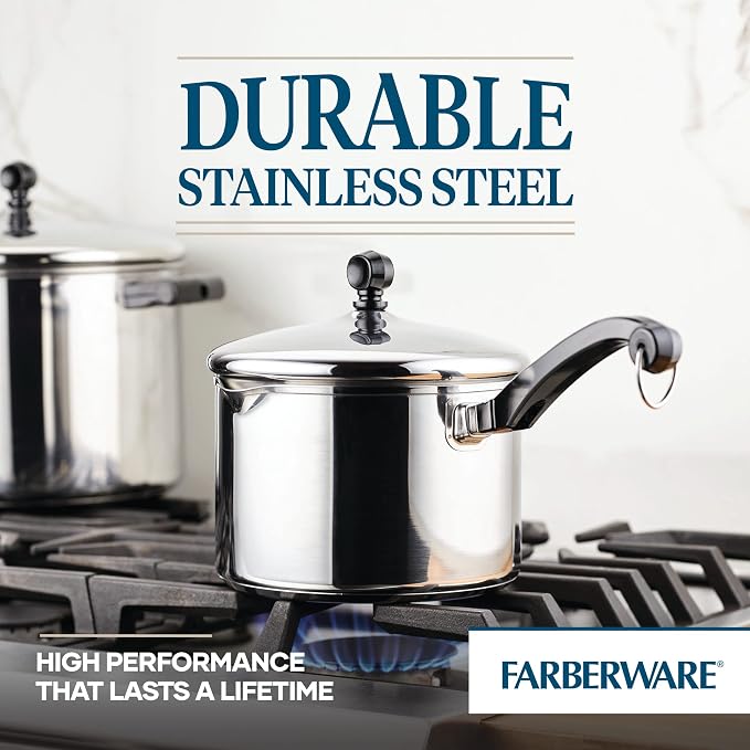 Farberware Classic Series Stainless Steel Straining Sauce Pan with Lid, 3-Quart Sauce Pan With Pour Spout