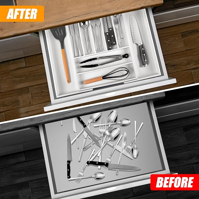 Large Premium Bamboo Silverware Organizer - Expandable Utensil Drawer Organizer - 17"x19.6" Utensil Holder and Cutlery Tray with Grooved for Kitchen Flatware and Utensils(7-9 Slot, White)