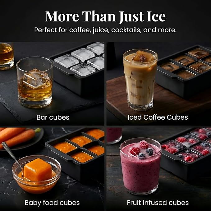 KitchFort® Large Silicone Ice Cube Tray (6-Pack), Easy Release 2" Big Ice Cubes - Cocktail, Whiskey Ice Cubes Mold - Ice Trays for Freezer with Lid - Stackable Silicone Ice Tray - Black