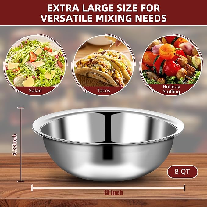 10 Pcs Stainless Steel Mixing Bowls Metal Mixing Bowls Extra Large Basin Salad Bowl with Deeper Edge, Dishwasher Safe, Mirror Finish for Home and Commercial, Silver (13 Inch 7 Qt)
