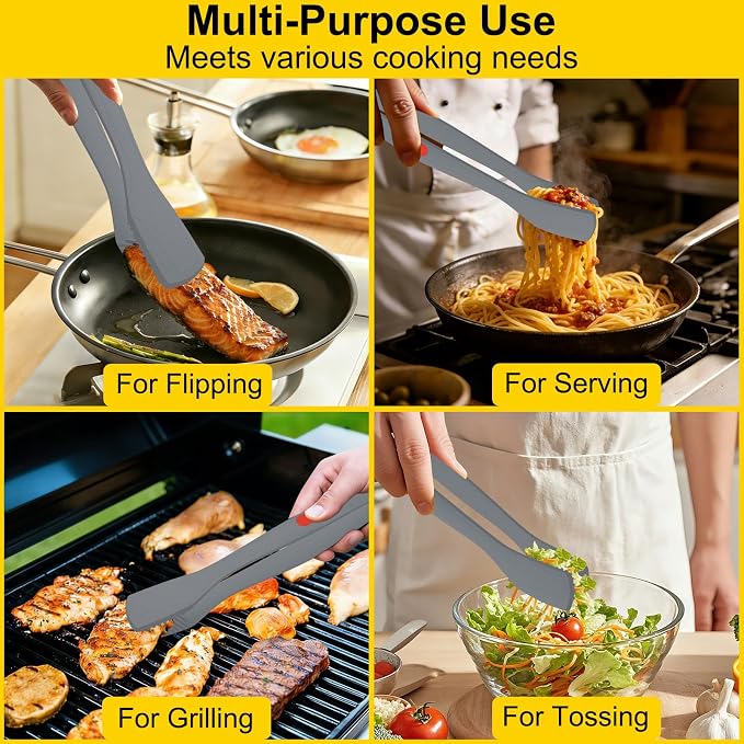 Beijiyi Silicone Kitchen Tongs for Cooking, 9" & 12", Heat Resistant (Gray) | BPA-Free Silicone Tip, Non-Stick Safe, Stainless Steel Core, Food Tongs for Cooking, Serving and Grilling, Dishwasher Safe