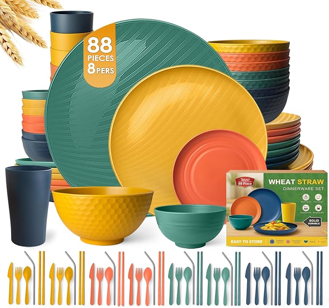 Teivio 88-Piece Plates and Bowls Sets for 8, with Flatware Dinnerware Sets | Fall Multicolor Plastic Wheat Straw Dinner Plate set, Cereal/Pasta Bowls, Cups, Dishwasher, Kitchen Outdoor RV Dorm Dish Set