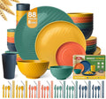 Teivio 88-Piece Plates and Bowls Sets for 8, with Flatware Dinnerware Sets | Fall Multicolor Plastic Wheat Straw Dinner Plate set, Cereal/Pasta Bowls, Cups, Dishwasher, Kitchen Outdoor RV Dorm Dish Set