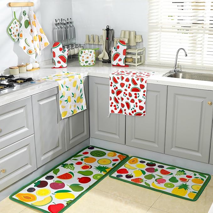 Fourluoo 10 Pcs Fruit Kitchen Decor Set Kitchen Towels Rugs Oven Mitts and Pot Holders Set for Women Mom Gift Cooking Baking Grilling