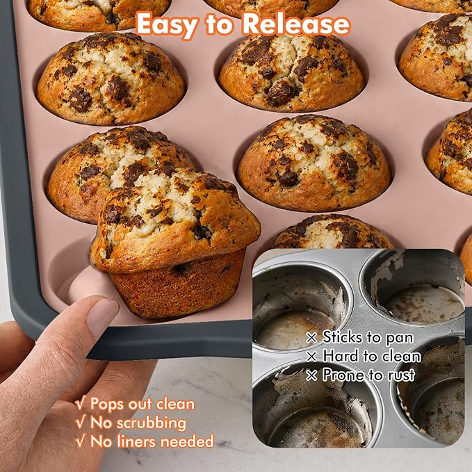 2 Pack Silicone Muffin Pan for Baking with Metal Reinforced Frame, Foldable 12 Cup Regular Size Nonstick Cupcake Pan, Muffin Tray for Baking, Dishwasher Safe Egg Bite Molds for Oven，Pink