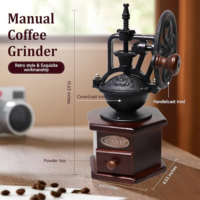 Manual Coffee Grinder Vintage Wooden Coffee Bean Grinder Hand Grinder Roller Antique Coffee Mill for Making Mesh Coffee Classic French Press for Decoration (Hexagon)
