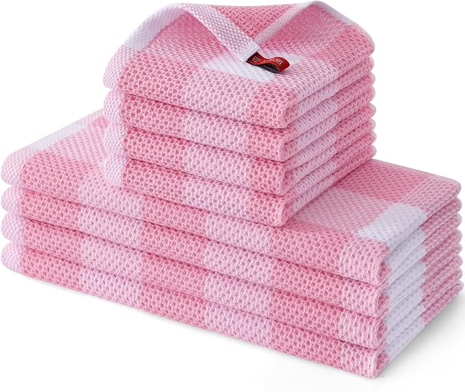 Homaxy Kitchen Towels and Dishcloths Set, Set of 8, White & Pink | Bulk Cotton Waffle Weave Check Plaid Kitchen Towels, Super Soft and Absorbent Dish Cloths, 12 x 12 and 13 x 28 Inches
