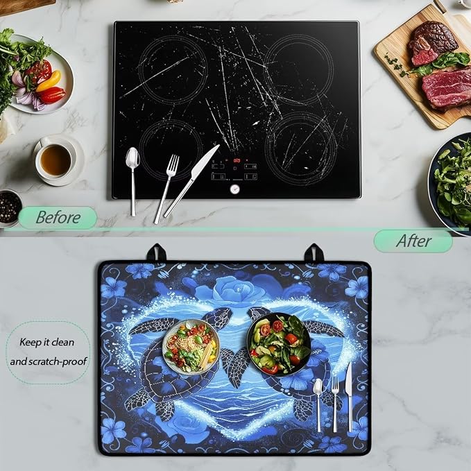 Sea Turtle Hibiscus Flower Print Stove Top Covers for Electric Stove Dish Drying Stovetop Protector Pad Thick Induction Protecting Counter Top Range Covers, 29.18 x 20.96 inch