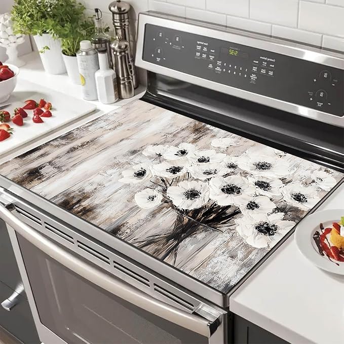 HOMETITUTE White Floral Rustic Stove Top Cover 28x20 Diatomite Mat