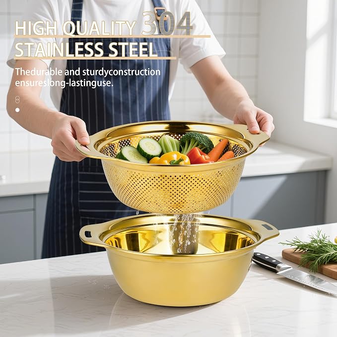 Gulex Colander Stainless Steel 5-quart with Bowls, Strainer Kitchen, Gold