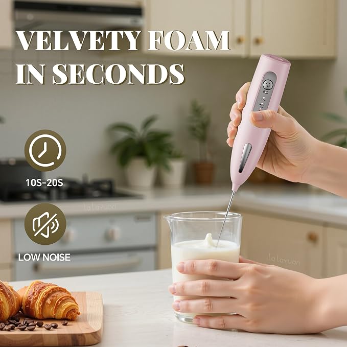 Electric Milk Frother, Three speed adjustment, USB Rechargeable Cordless Hand Blender with Sticky Stand Included, 304 stainless steel Egg Beater, Mixed Drinks, Coffee Stirrers (Pink set)