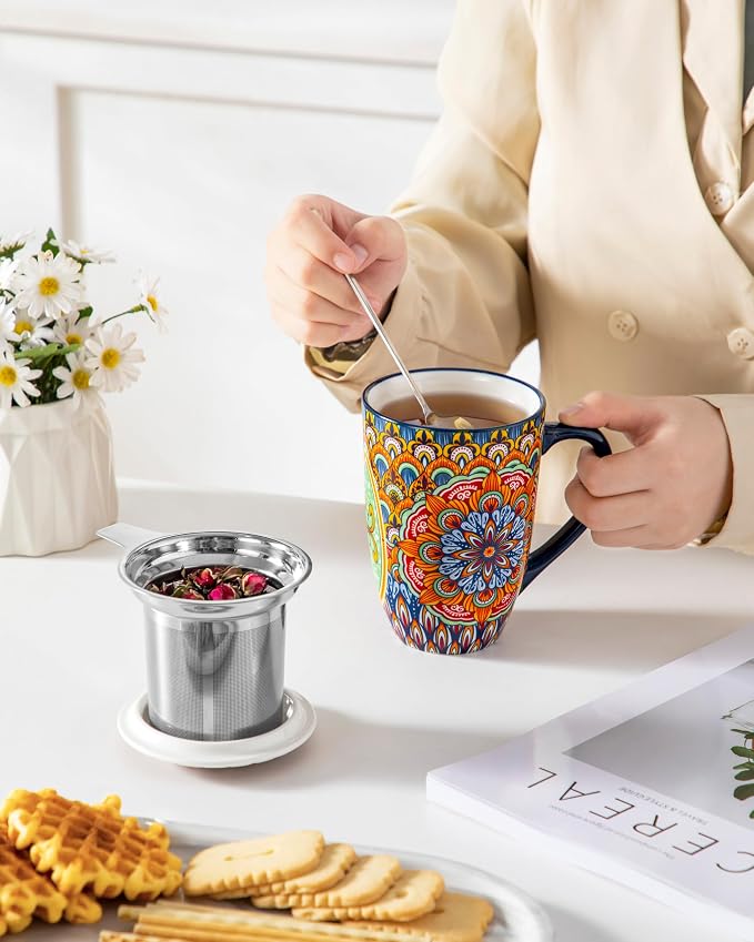 vancasso Ceramic Tea Mug with Infuser and Lid, 18 Ounce Bohemian Loose Leaf Cup, Microwave & Dishwasher Safe, Perfect for Tea, Coffee, Burnt-Cobalt Mandala