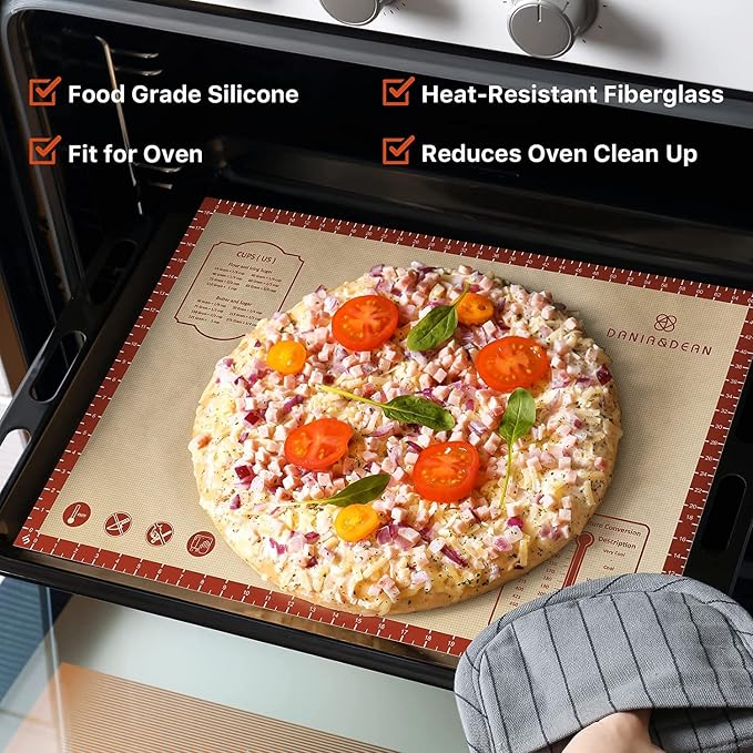 DANIA & DEAN 2 Pack 26"x16" & 11"x16" Extra Thick Silicone Baking Mat Set | Non-Slip & Non-Stick Mat with Measurements, for Pastry, Dough Rolling, Pizza, Sourdough, Counter & Reusable Oven Baking Sheet