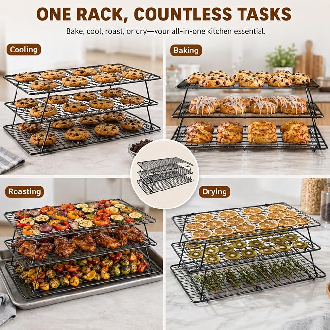 Cooling Rack 16"x10", 3-Tier Stackable & Collapsible Cooling Racks | Cooling Racks for Cooking and Baking, Roasting, Grilling, Oven & Dishwasher Safe (Black, 3-Tier-SL)