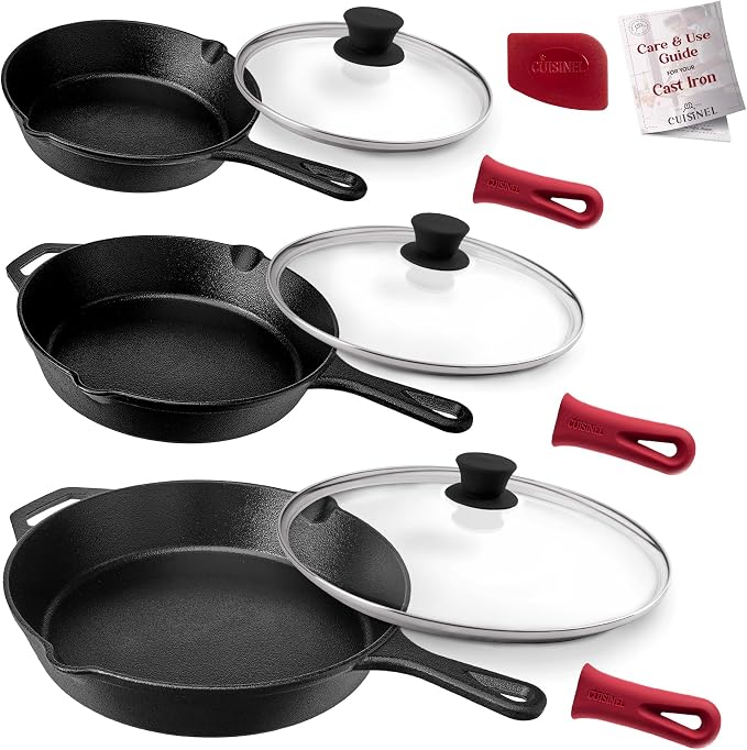Cuisinel Cast Iron Skillets Set + Glass Lids - 8"+10"+12"-Inch Frying Pans + Silicone Handle Holder Covers - Pre-Seasoned Oven Safe Cookware - Indoor/Outdoor Use - Grill, Stovetop, Camping Fire Safe