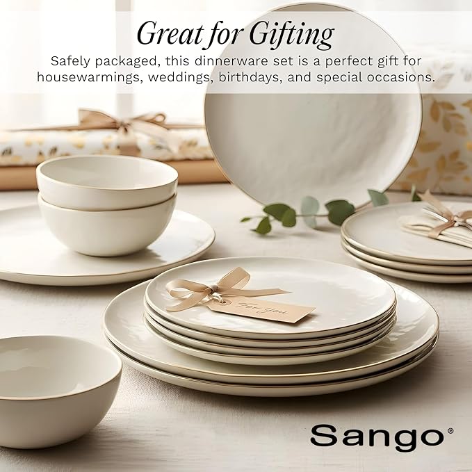 Sango 12-Piece Lightweight Porcelain Dinnerware Set for 4, Glossy Vanilla White Plates and Bowls Sets, Gold Rims, Farmhouse Ceramic Dish Set, Rustic Dishes, Microwave and Dishwasher Safe, Gansevoort