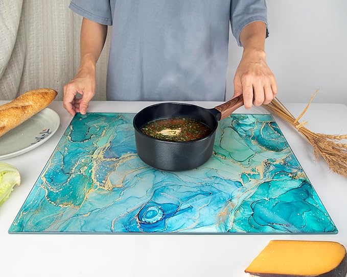 Glass Cutting Board 20”x16”: Tempered Glass Kitchen Counter Protector - Durable- Scratch-Resistant, Heat-Proof - Design 9 - Teal Ocean