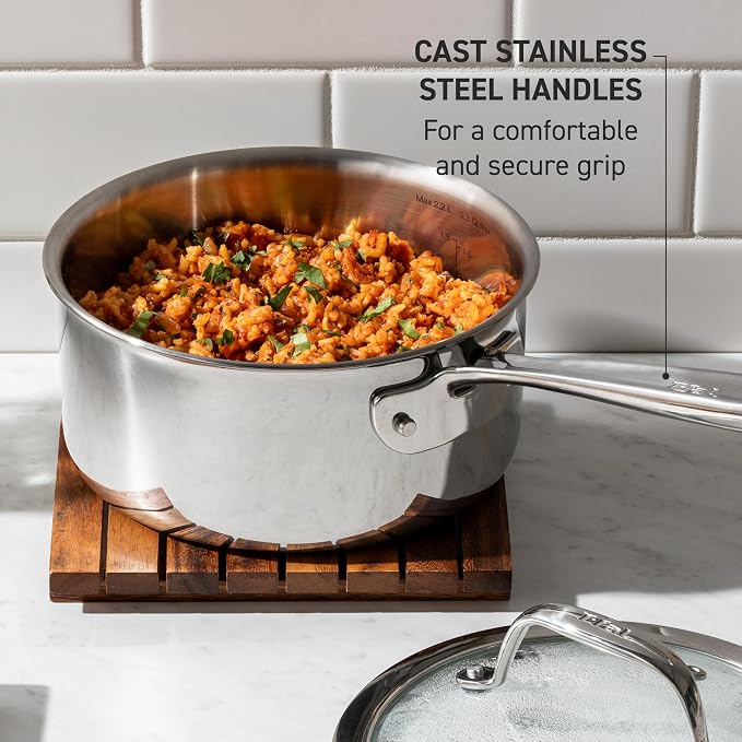 T-Fal Pro Tri-Ply Stainless Steel Saute Pan with Lid, 3 Qt, Induction | Oven safe to 500 F, Glass lid to 350 F, NSF-rated, Built-in measuring marks, Sauteing, browning, and simmering