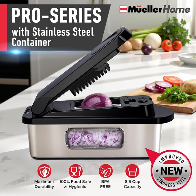 MUELLER HOME Pro-Series 10-in-1 Stainless Steel Multi Vegetable Chopper | 8 Blade Mandoline Slicer, Kitchen Tools and Gadgets, Food and Veggie Chopper, Mincer, Dicer, French Fry Cutter, Black