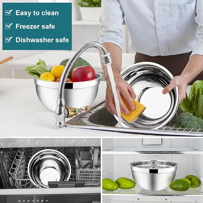 E-far Mixing Bowls with Lids Set, 6-Piece Stainless Steel Salad Bowls | Metal Nesting Cooking Bowls with Airtight Lid for Kitchen Storage, Baking & Prepping, Dishwasher Safe, 1.5/3/4.5 QT, Blue