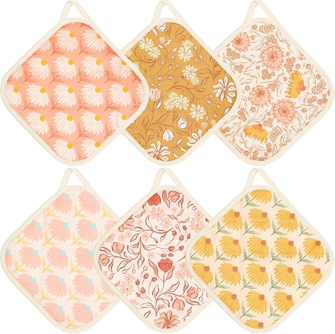 6 Pack Pot Holders 100% Cotton Heat Resistant Potholder, Machine Washable Pot Holder, Hot Pads, Table Pads for Cooking Baking (P)