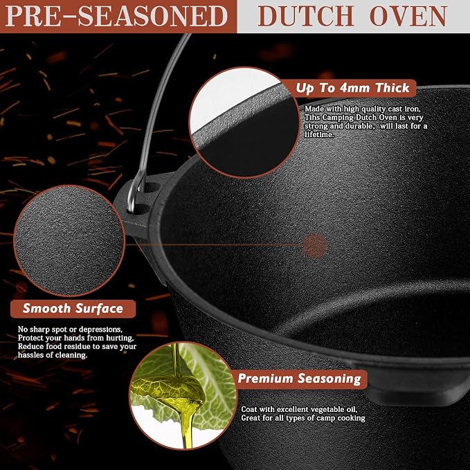 Joyfair Pre-seasoned Cast Iron Camp Dutch Oven with Accessories, 7.6QT Pot | Open Fire Camping Cookware with 2QT Skillet Lid For Outdoor Campfire Cooking - Baking Sourdough Bread, Oven Safe