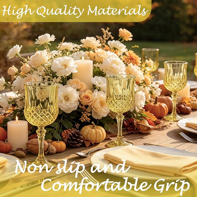 24Pack Plastic Wine Glasses, 7oz Vintage Goblets for Wedding | Unbreakable Crystal Style Reusable Stemware, Elegant Gold Drinking Glass for Party Anniversary & Holiday Celebration
