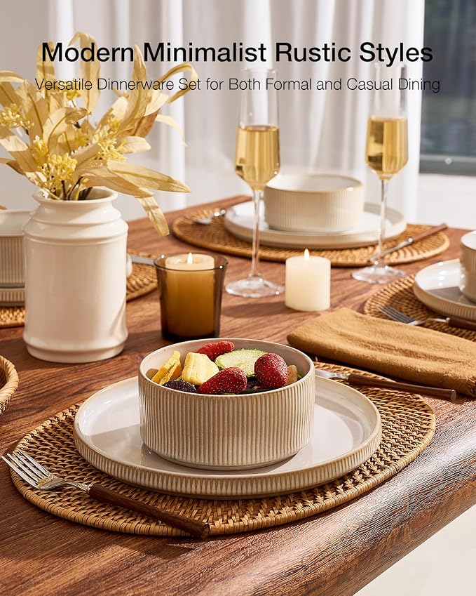 Famiware Star Stoneware Dinnerware Set, 8pc Dishes for 4, Cappuccino White | 10.5" Flat Dinner Plates & 5.5" Deep Cereal Bowls, Everyday Use, Chip & Scratch Resistant, Microwave & Dishwasher Safe