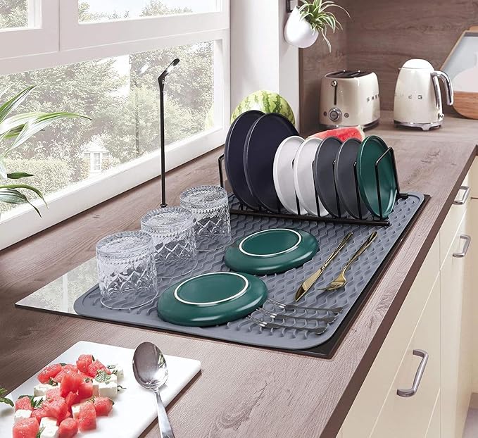 Silicone Dish Drying Mat, Non-Slip Easy Clean Sink Mat, Grey, 17" x 14" | Quick-Dry Ridges, Large Heat-resistant Dish Drainer Mat for Kitchen Counter, Hangable & Roll-Up for Storage, Dishwasher Safe