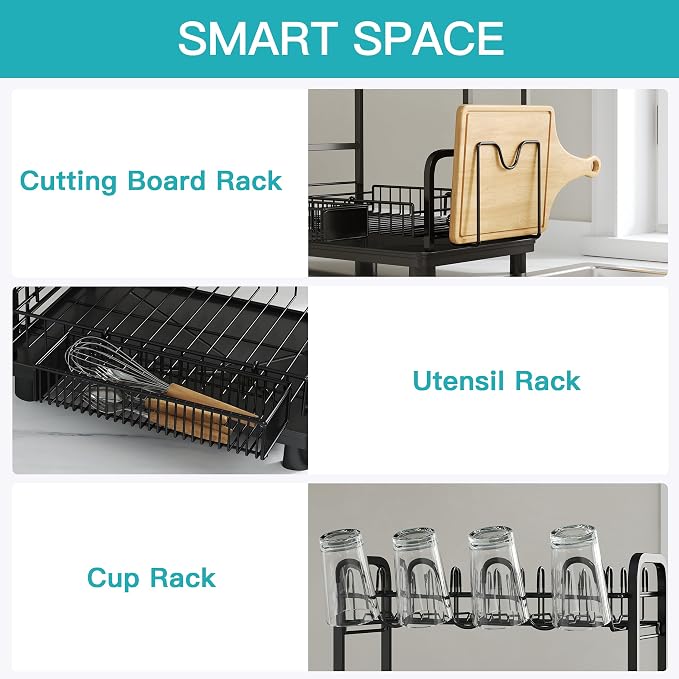 2 Tier Black Dish Drying Rack and Drainboard with Utensil Holder | Dish Drainer with Drainboard, Cups Holder for Small Kitchen, Space Saving, Rustproof, Auto Drain, Fits for 1-2 People