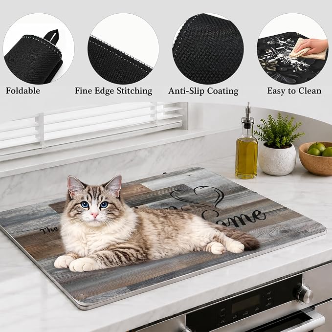 Stove Top Cover for Electric Stove 28"x20" Rubber Stovetop Cover | Heat Resistant Glass Top Stove Cover Protector Mat - Anti-Scratch Dish Drying Mat, Rustic Grey Wood Pattern with 2 Hooks