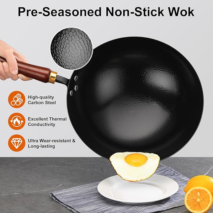 Carbon Steel Wok Pan, 11.8-Inch Nonstick Pre-Seasoned Woks & Stir-Fry Pans with Glass Lid, No Chemical Coated Wok Round Bottom Hand Hammered Chinese Wok for Gas Stoves