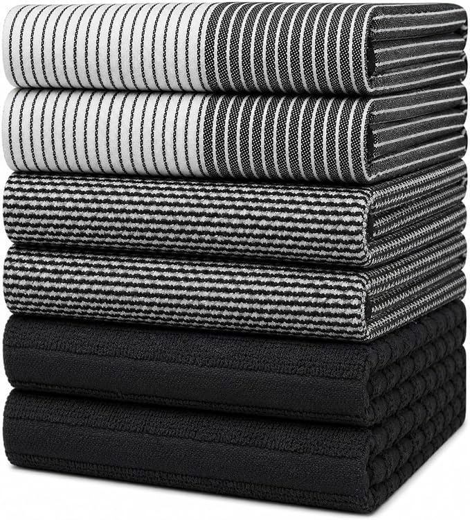Premium Kitchen Towels 6 Pack 100% Cotton, 20"x28" Dish Towels - Black | Large Flat & Terry Kitchen Linen Set with Hanging Loops, Highly Absorbent for Washing and Drying Dishes