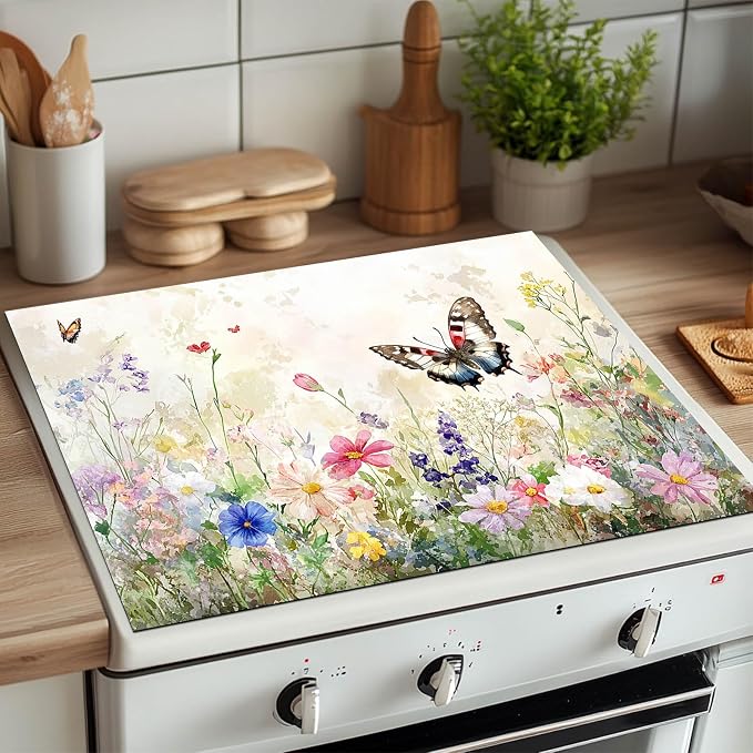 HOMETITUTE Butterfly Stove Top Cover 28x20 Wildflower Meadow Diatomite Mat
