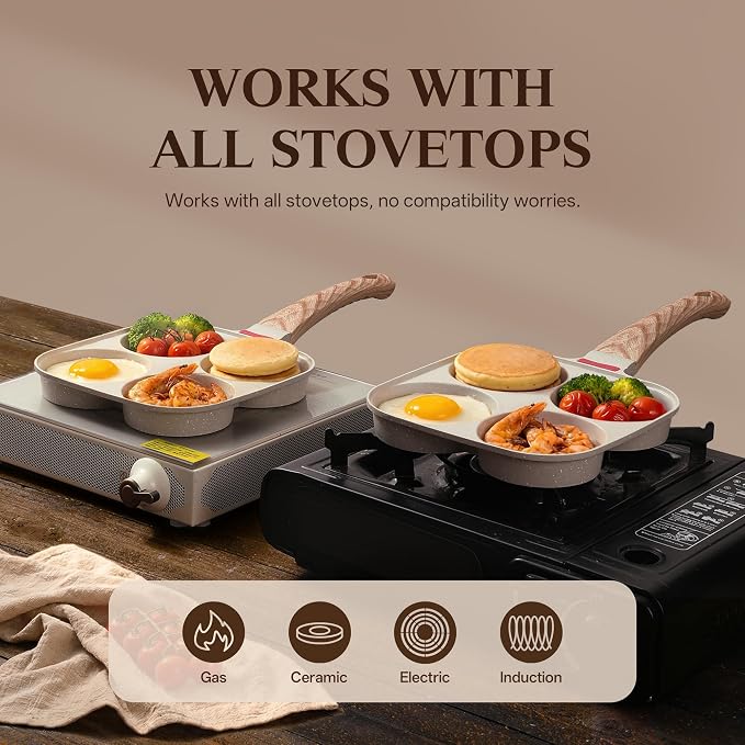 Egg Pan with Lid 4 Cup Nonstick Egg Frying Pan Omelette Skillet | Aluminum 4-Hole Omelette Pan with Glass Lid, Spatula, and Silicone Brush. Works for Breakfast Eggs, Bacon, and Mini Pancakes.