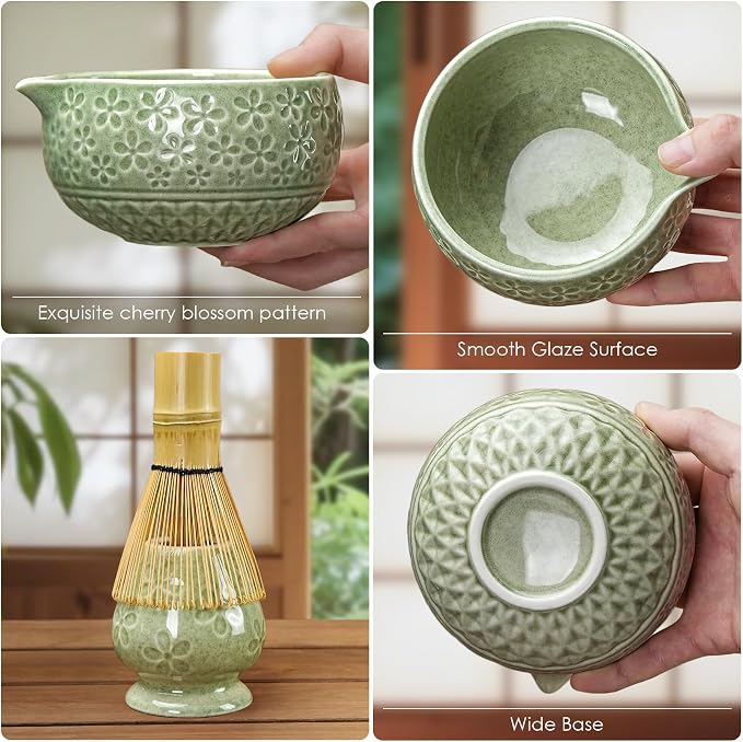 7Pcs Matcha Whisk Set, Matcha Set Whisk and Bowl,Bamboo Scoop, Scoop Rest, Sifter and Tea Towel, Matcha Kit W/Carved Cherry Blossm Pattern for Matcha Lovers (Sakura Green) | Bamboo Scoop, Scoop Rest, Sifter and Tea Towel, Matcha Kit W/Carved Cherry Blo...