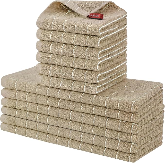 Homaxy Kitchen Towels and Dishcloths Set, Set of 12, Tan | Bulk Cotton Terry Kitchen Towels, Checkered Designed, Soft and Super Absorbent Dish Towels, 12 x 12 and 13 x 28 Inches