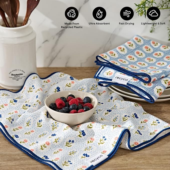 RECYCO Waffle Kitchen Towel Set of 2 - Quick Dry Microfiber Sustainable Dish Towels - Ultra Absorbent Reusable Cleaning Tea Towels - Lightweight Hand Towels,16”x 28”, Bloom Tiles