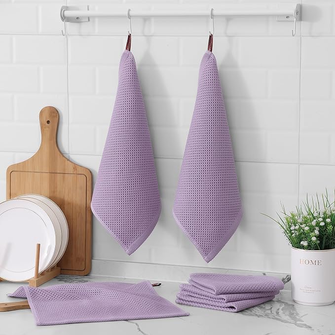 Kitinjoy 100% Cotton Waffle 6-Pack Kitchen Towels, 12" x 12", Lavender | Ultra Absorbent, Super Soft, lightweight, Quick Drying Dish Rags for Washing Dishes