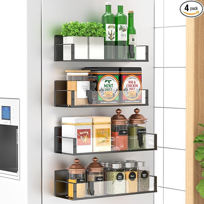 Metal Magnetic Spice Rack for Refrigerator Clear, 4 Pack | Magnetic Shelves Heavy Duty for Fridge in Kitchen, Seasoning Storage Organizer, For Oven Washer and Dryer, For Heavier Items