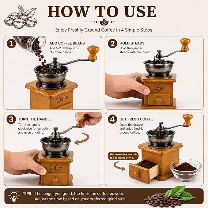 Vintage Wooden Manual Coffee Grinder, Hand Crank Coffee Mill with Ceramic Burr, Adjustable Grind Settings, Retro Coffee Bean Grinder for Home Use, Kitchen Decor, Gift for Coffee Lovers