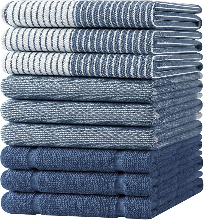 Homaxy 9 Pack Cotton Terry Premium Kitchen Towels, 18 x 28 in, Navy Blue | Large 380 GSM Dish Towels, Highly Absorben Flat & Terry Kitchen Hand Towels, Soft Utility Tea Towel Set with Hanging Loop