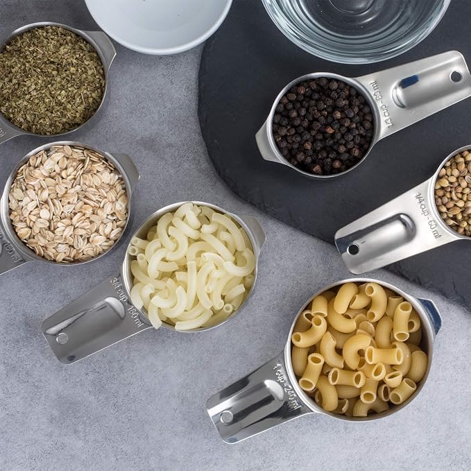 7-Piece 18/8 Stainless Steel Measuring Cups Set, Silver | Includes 1/16, 1/4, 1/3, 1/2, 2/3, 3/4 and 1 Cup, Engraved US and Metric Markings, Pour Spouts and Ring Connector