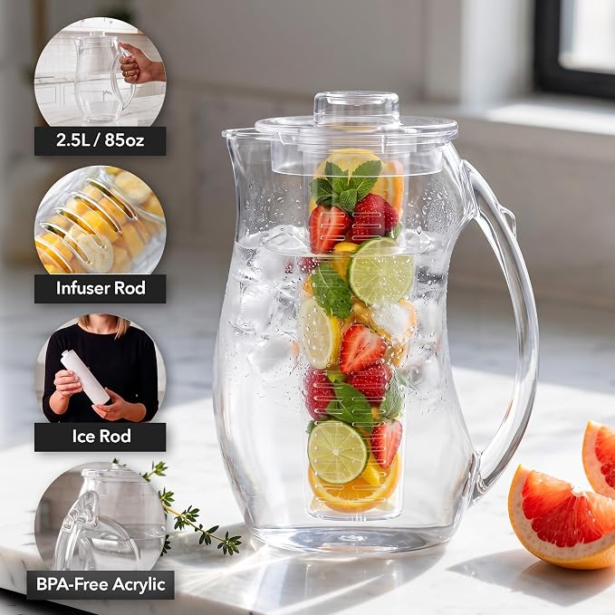 OVENTE Fruit Infusion Water Pitcher 2.5 Liters, Clear PIA0852C | With Removable Lid, Infuser Rod and Ice Rod, BPA-Free, Shatterproof Acrylic Beverage Jug for Flavor-Infused Drinks & More