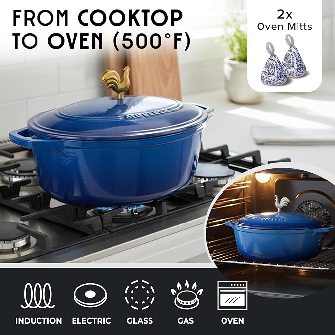 MUELLER HOME 5.5 Quart Enameled Cast Iron Oval Dutch Oven w Rooster Knob & Cotton Potholders, Heavy-Duty Cookware, Oven-Safe up to 500° F & Across All Cooktops, Gifts for Grandma & Women, Aqua Blue | w Rooster Knob & Cotton Potholders, Heavy-Duty Cookw...