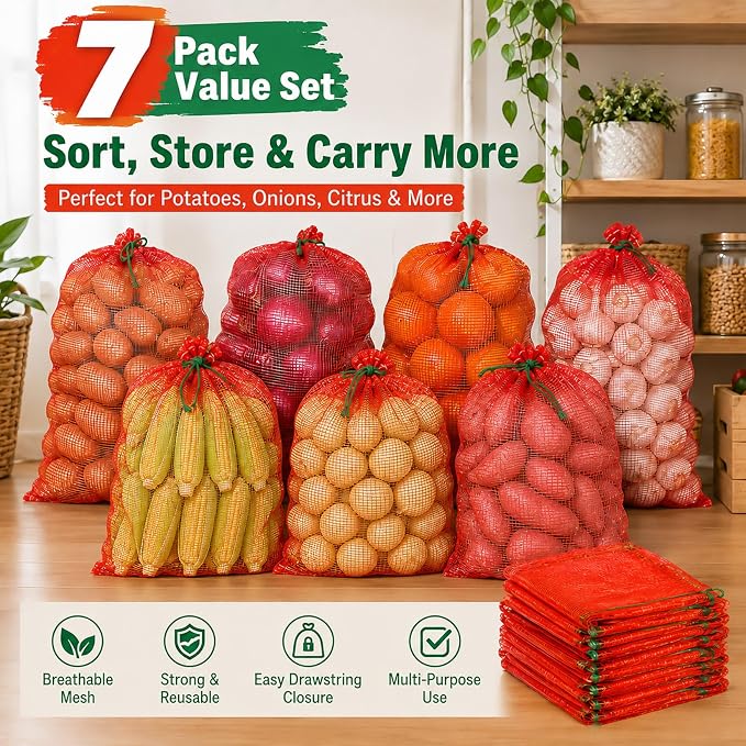 Sukh 7 PCS Large Mesh Onion Bags - 60 lb Capacity Mesh Storage Produce Bags | Hanging Reusable Breathable Vegetable Net Sacks with Drawstring for Onions, Potatoes, Citrus and Crawfish, 20 x 32 Inch, Red