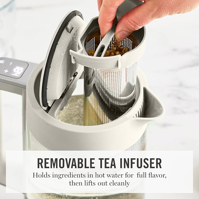 Martha Stewart 1.7L Glass Carafe Electric Kettle with Removable Tea Infuser | 7 Cups, 4 Presets, Rapid Boiling, Stainless Steel Tea Leaf Infuser, Cordless Swivel Base, Keep Warm, Auto Shut-Off, Linen