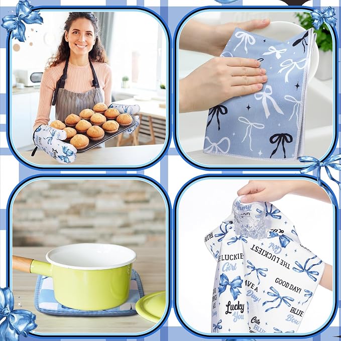Fourluoo 10 Pcs Blue Bow Kitchen Decor Set Dish Towels Kitchen Rugs Oven Mitts and Pot Holders for Cooking Baking Grilling Women Mom Gift