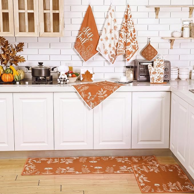 Fourluoo 10 Pcs Kitchen Dish Towels Rugs Oven Mitts and Pot Holders Set Farmhouse Kitchen Decor Set for Women Mom Daughter Gift Cooking Baking Grilling(Orange and White,Fall Leaf)